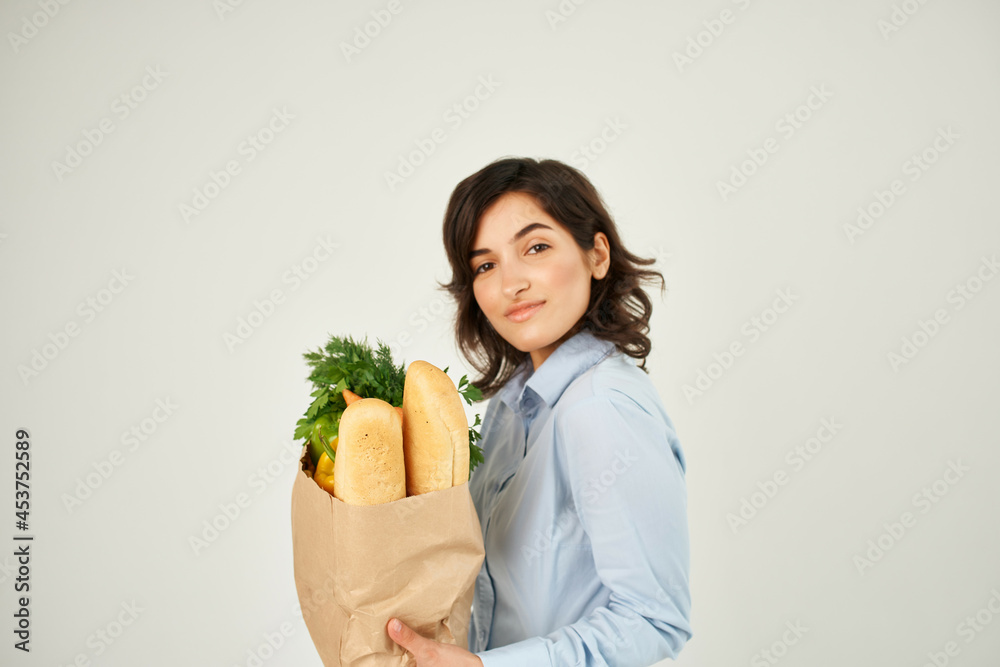 pretty woman food bag vegetables healthy food light background pretty woman food bag vegetables healthy food light background