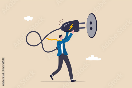 Recharge yourself, refresh or recover after tried, exhausted or burn out, charge full energy or supply motivation concept, exhausted overworked businessman plug electric to recharge energy. photo