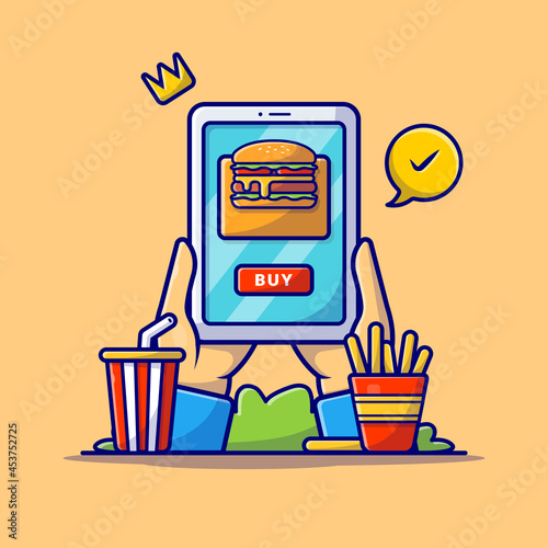 Online Burger Fast Food Order Cartoon Vector Icon Illustration. Business Technology Icon Concept Isolated Premium Vector. Flat Cartoon Style.