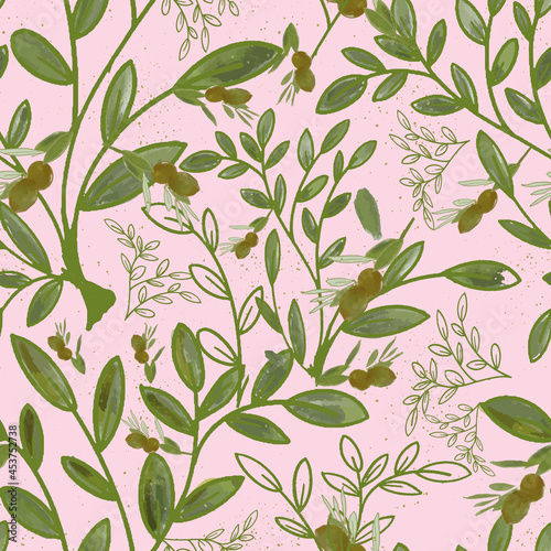 Hand drawn olive trees vector seamless repeat pattern print background