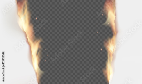 White empty sheet of paper with burning fire edges.