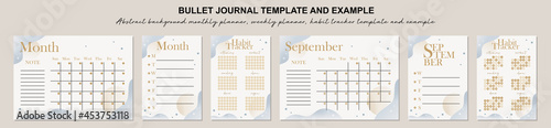 列印Abstract monthly planner, weekly planner, habit tracker template and example.  Template for agenda, schedule, planners, checklists, bullet journal, notebook and other stationery.