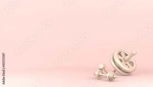 Golden dumbbells and ab wheel on pastel pink background. Female workout concept. 3D rendered illustration. 