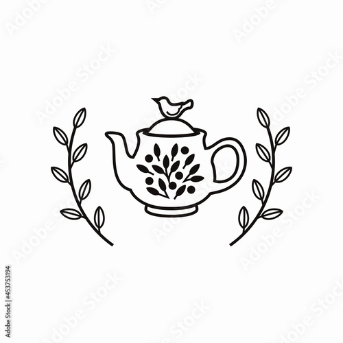 ロゴマークのための、蓋に鳥の飾り、葉、木ノ実が装飾されたティーポットのシンプルな線画と、植物のフレーム