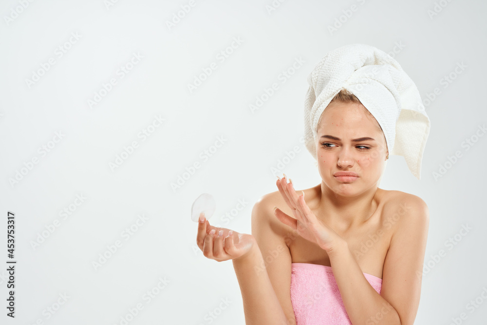 woman covered with towel bare shoulders skin care health light background woman covered with towel bare shoulders skin care health light background