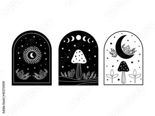 Mystical set with mushrooms and moon. Vector illustration.