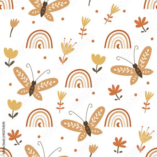 Seamless pattern design with floral elements and butterflies. Vector illustration.