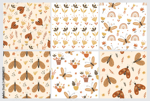 Seamless pattern set with floral elements and butterflies. Vector illustration.
