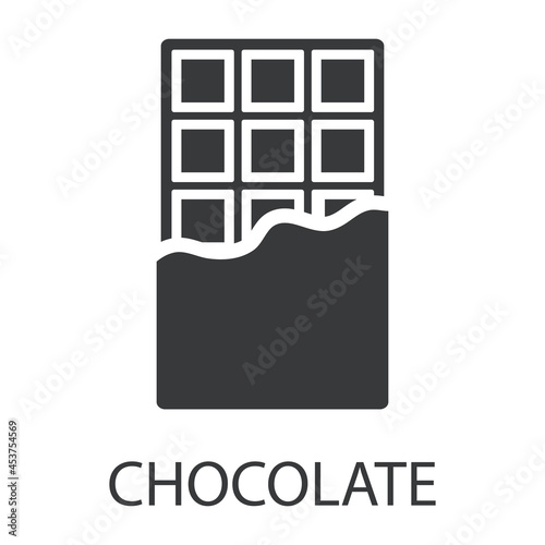 The chocolate icon. The silhouette of a chocolate bar in an open package with a signature. Delicious and healthy food that causes allergies. Vector illustration isolated on a white background.