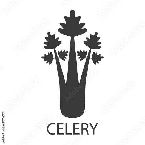 The celery icon. Silhouette of a celery plant with a signature. Delicious and healthy food that causes allergies. Vector illustration isolated on a white background.