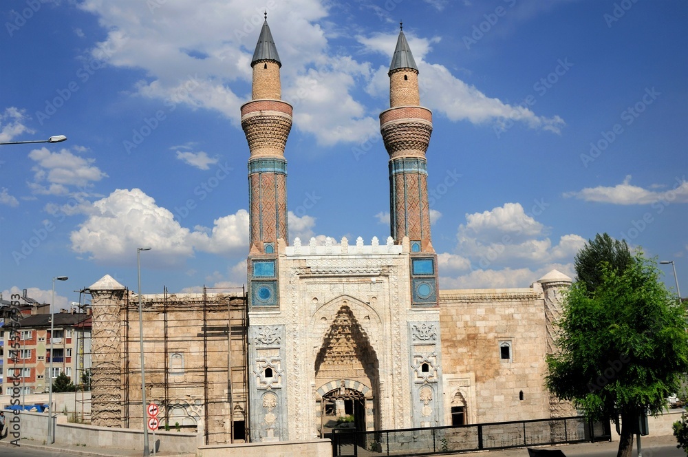 The other name of Gok Madrasa is Sahibiye Madrasa. The madrasa was built in 1271 during the Anatolian Seljuk period. Sivas, Turkey.