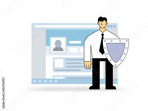 Man with the shield in front of open browser window. GDPR officer protecting data. GDPR, AVG, DSGVO, DPO. Flat illustration. Isolated on white background.