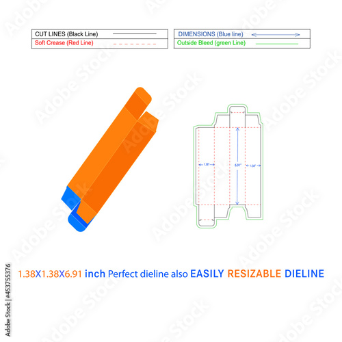 RTE reverse tuck end folding box food cardboard box (1.38x1.38x6.91) inch Dieline template and 3D vector file