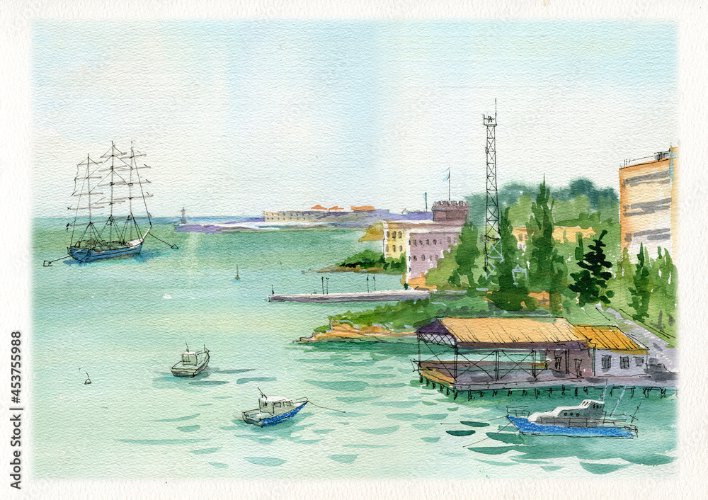 Landscape. Seascape. Watercolor. Sailboat at the pier. Balaclava, Sevastopol, Crimea. Travels. Tourism.