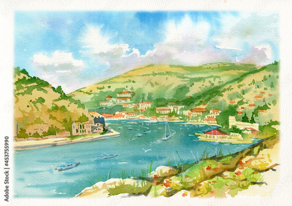 Beautiful watercolor seascape. Hand-drawn from nature. Plein-air sketch. The sea coast under a clear sky with light clouds.
