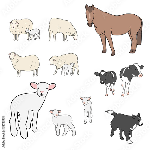 馬、羊、仔羊、犬の牧場にいる生き物セット