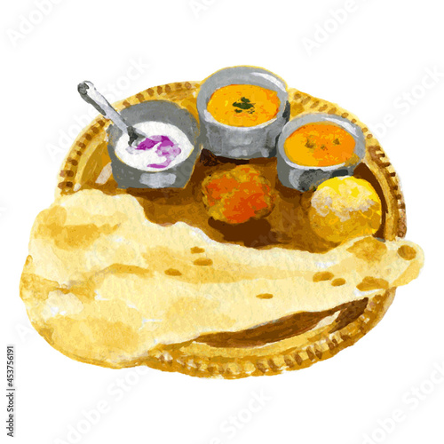 インドカレーとナンの水彩イラスト　Indian curry and naan watercolor illustration