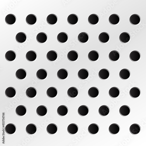 Peg board with round holes. Grey peg board perforated texture background for working bench tools. Vector illustration.