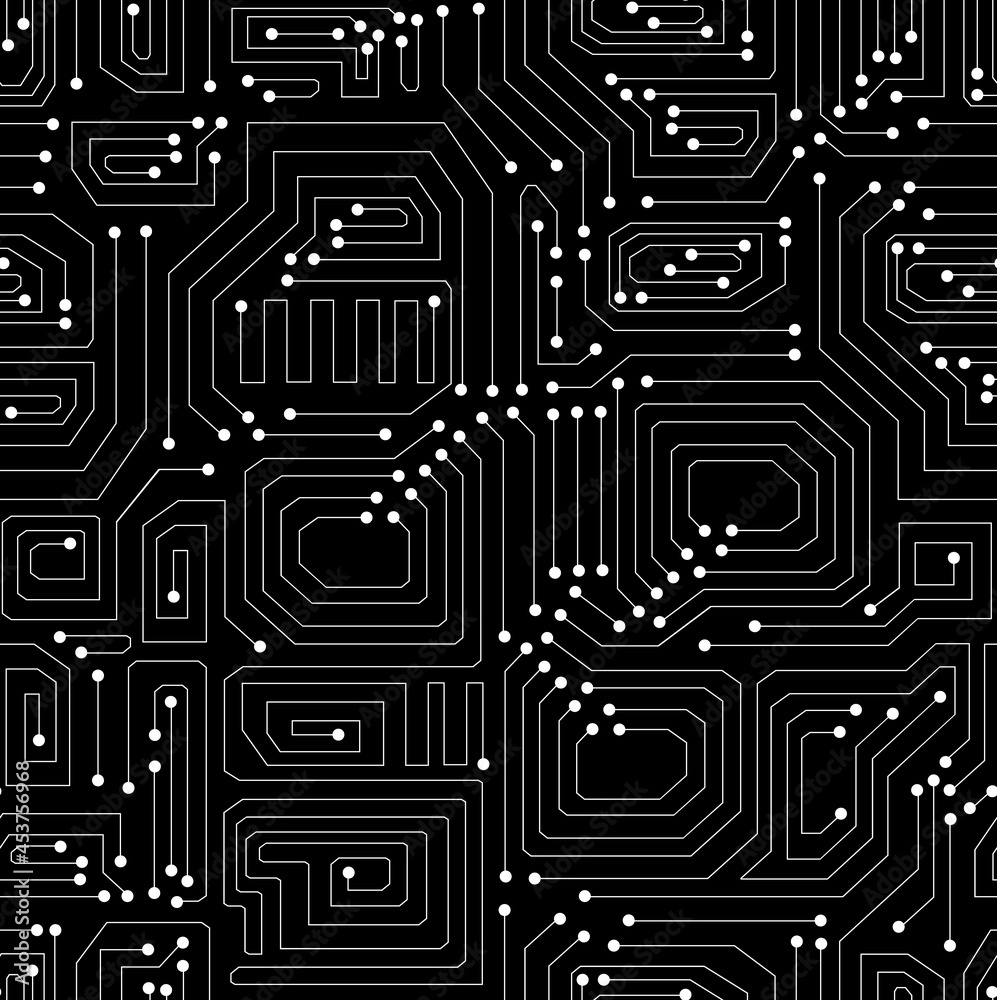 Technical vector seamless background with hand drawn motherboard pattern 