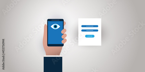 Face Recognition, Login, Facial User Authentication for a Website or an Online Service - Watching Eye Symbol on a Smartphone Screen - Illegal Surveillance, Privacy Concept, Vector Illustration