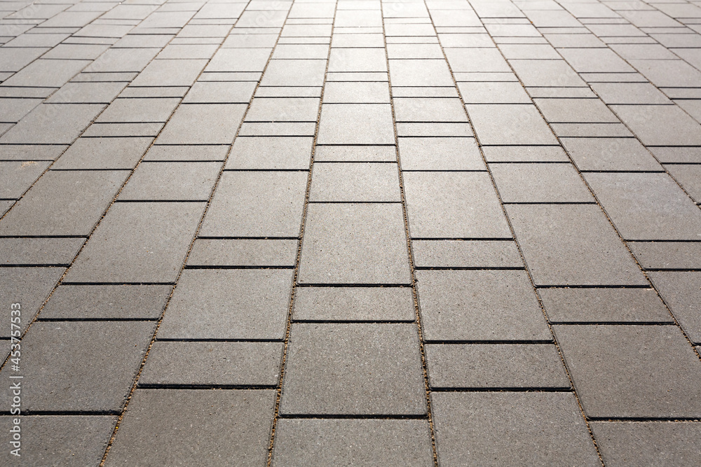The pedestrian walkway is paved with modern concrete paving slabs of rectangular shape but of different sizes. Symmetrical decreasing perspective. The pedestrian walkway is paved with modern concrete paving slabs of rectangular shape but of different sizes. Symmetrical decreasing perspective.