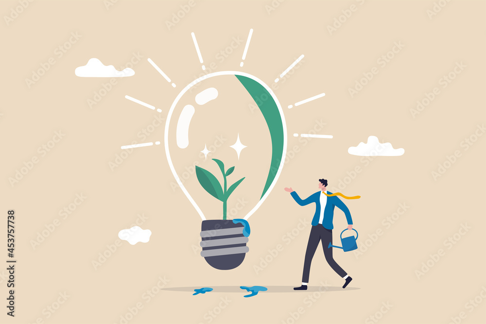 Ecology and sustainable business, green idea or protection against world climate change, environmental care concept, smart businessman watering seedling sprout growing inside green lightbulb idea. - obrazy, fototapety, plakaty 