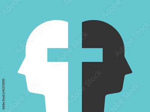Christian cross between two opposite heads. Forgiveness, communication, difference, contradiction and tolerance concept. Flat design. EPS 8 vector illustration, no transparency, no gradients