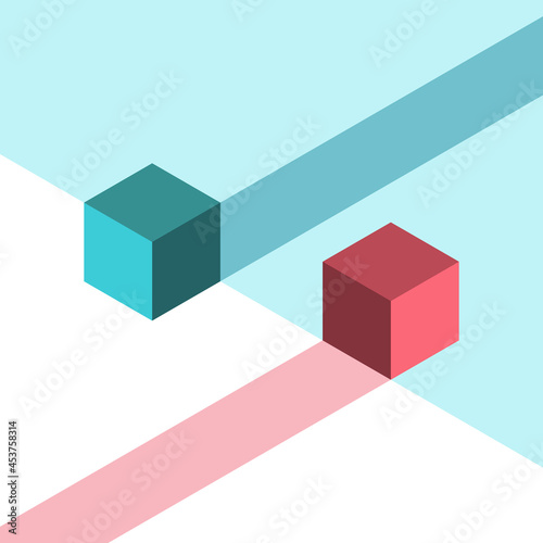 Isometric blue and red cubes. Opposites, difference, individuality, uniqueness, opportunity, vision and development concept. Flat design. EPS 8 vector illustration, no transparency, no gradients
