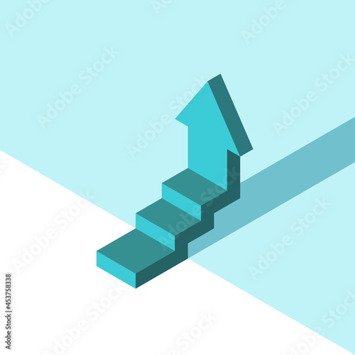 Isometric turquoise blue stepped arrow  minimalism. Growth  personal development  achievement and ambition concept. Flat design. EPS 8 vector illustration  no transparency  no gradients