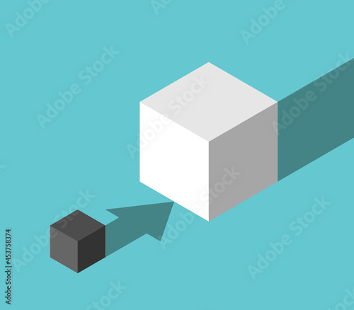 Isometric small black cube transforming into big white one. Prototyping, development, change, transformation, improvement concept. Flat design. EPS 8 vector illustration, no transparency, no gradients