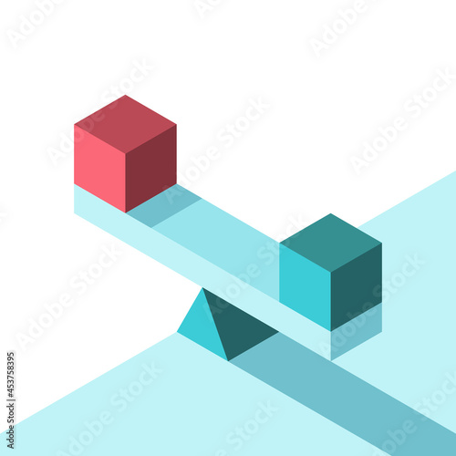 Isometric seesaw weight scale, red and blue cubes. Minimalism, balance, harmony, equilibrium, comparison, choice, testing concept. Flat design. EPS 8 vector illustration, no transparency, no gradients