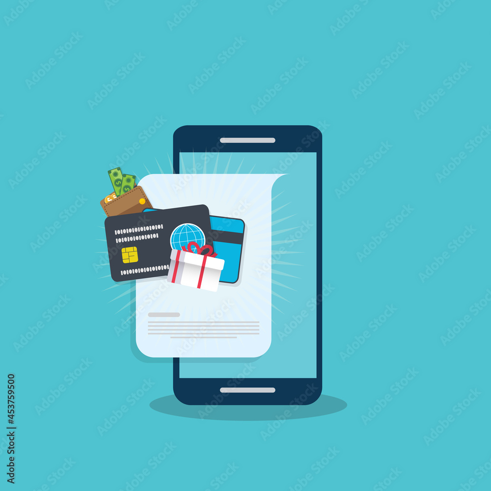 Smart phone notification with gift box, money, present and cash. Online award or bonus achievement as giveaway. Smart phone notification with gift box, money, present and cash. Online award or bonus achievement as giveaway.