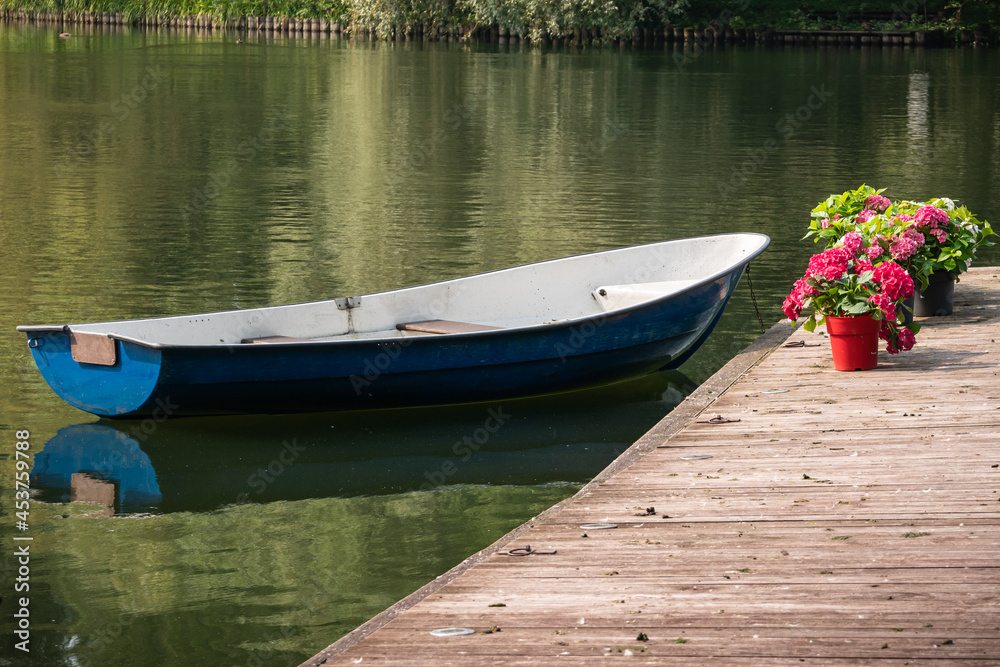 A boat at a wooden pier on the lake, on which there are house flowers in pots for transportation