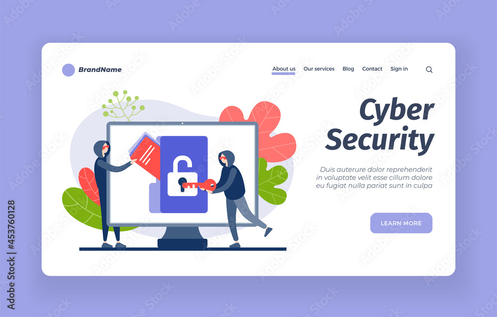 Cybersecurity from hackers. Digital hacking protection with blocking. Counteraction online criminals in stealing users information. Modern firewall and virtual cloud. Vector landing page flat banner Cybersecurity from hackers. Digital hacking protection with blocking. Counteraction online criminals in stealing users information. Modern firewall and virtual cloud. Vector landing page flat banner