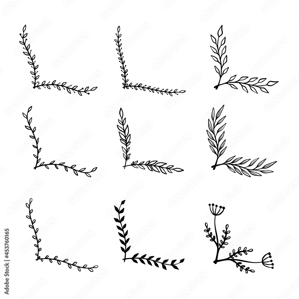 Obraz premium Set of hand drawn floral corners. Floral text dividers. Design element for greeting card, t shirt, poster. Vector illustration
