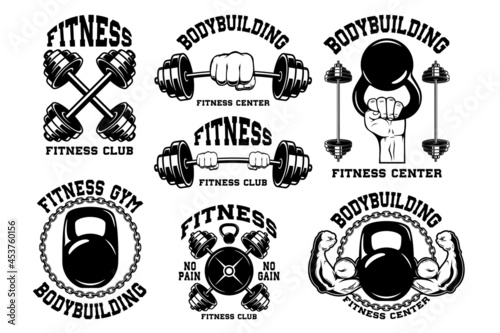  Set of fitness club emblems. Emblem template with crossed dumbbells. Design element for logo, label, sign, poster, t shirt. Vector illustration