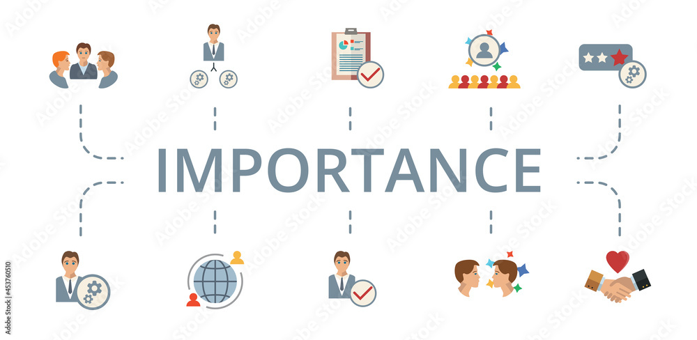 Importance icon set. Contains editable icons theme such as outsource management, business report, impression and more.