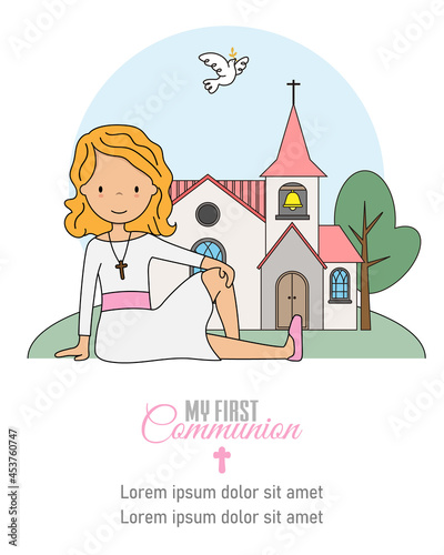 My first communion card. Girl sitting in front of the church
