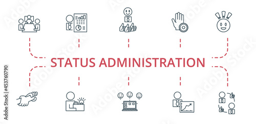 Status Administration icon set. Contains editable icons theme such as outsource management, business report, impression and more.