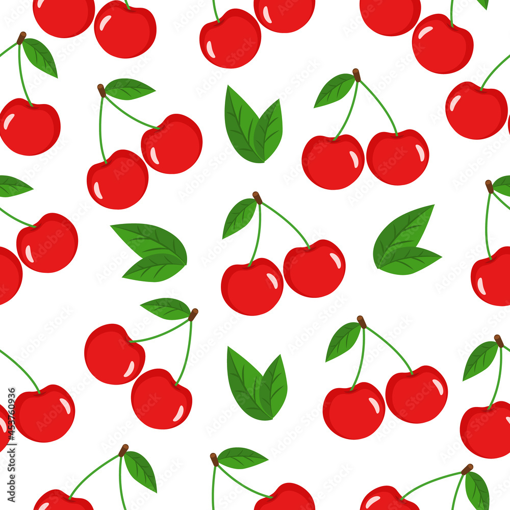 Seamless pattern with cherries and leaves on a white background. Can be used for wallpaper, pattern fills, web page background, surface textures Seamless pattern with cherries and leaves on a white background. Can be used for wallpaper, pattern fills, web page background, surface textures