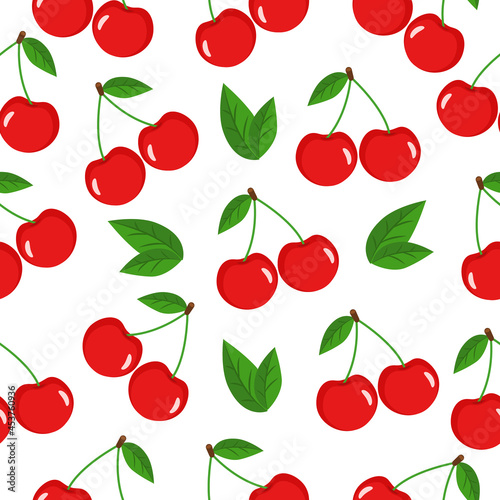 Seamless pattern with cherries and leaves on a white background. Can be used for wallpaper, pattern fills, web page background, surface textures