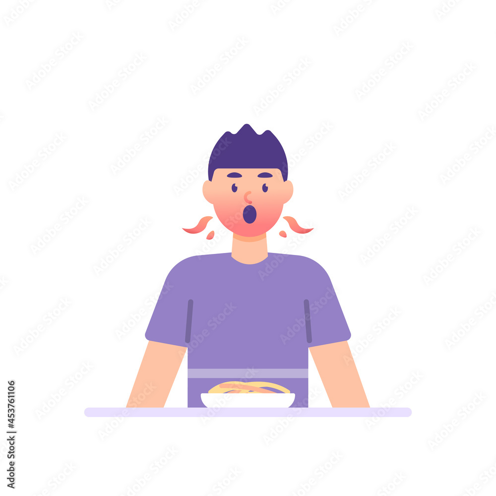 the expression of a person or man who is hot and spicy due to eating spicy noodles. shocked and surprised by the taste of a food. blushing face. flat cartoon style. flat design the expression of a person or man who is hot and spicy due to eating spicy noodles. shocked and surprised by the taste of a food. blushing face. flat cartoon style. flat design