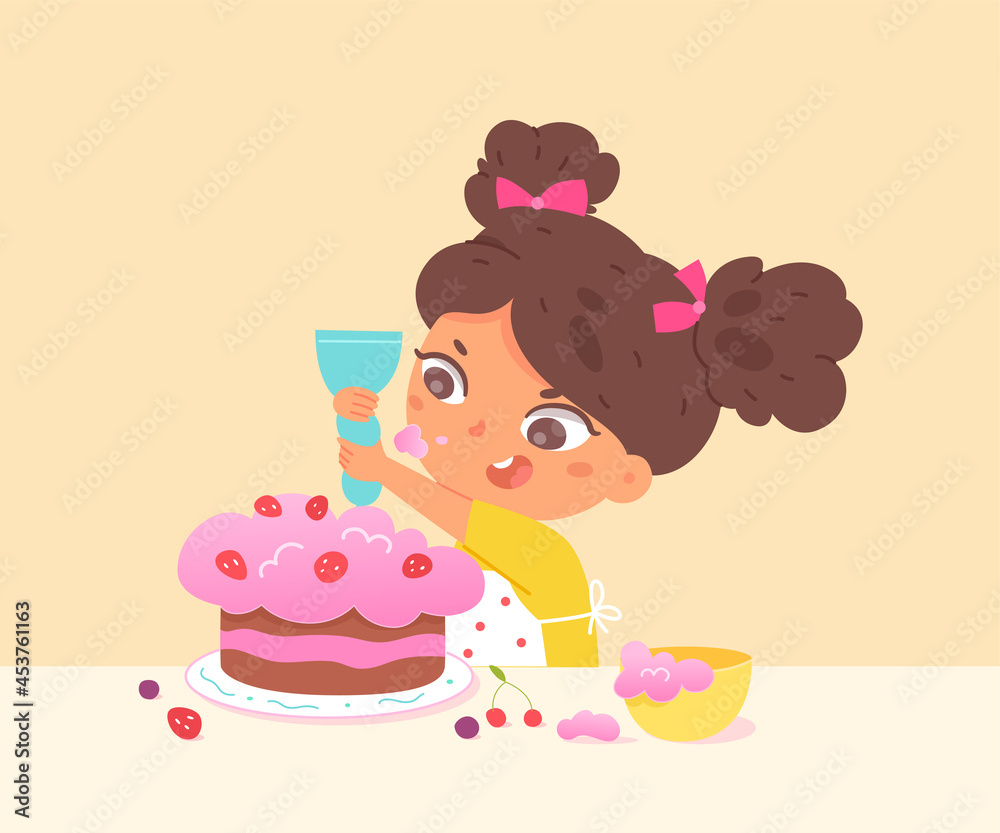 Cute girl cooking, kid chef making chocolate cake with cream for culinary blog post Cute girl cooking, kid chef making chocolate cake with cream for culinary blog post