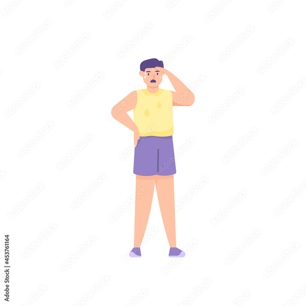 illustration of a man wiping sweat from his forehead with his hands. tired and hot. tired from exercising. thirst after activity. flat cartoon style. vector design