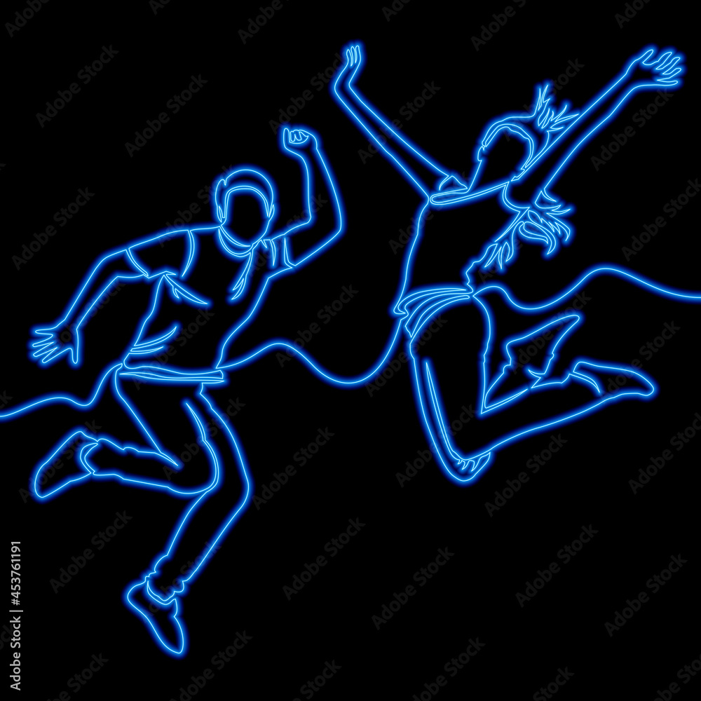 Obraz premium Continuous line happy couple jumping neon concept