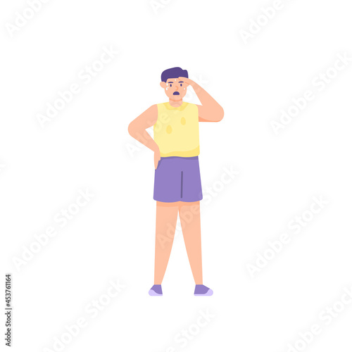 illustration of a man wiping sweat from his forehead with his hands. tired and hot. tired from exercising. thirst after activity. flat cartoon style. vector design