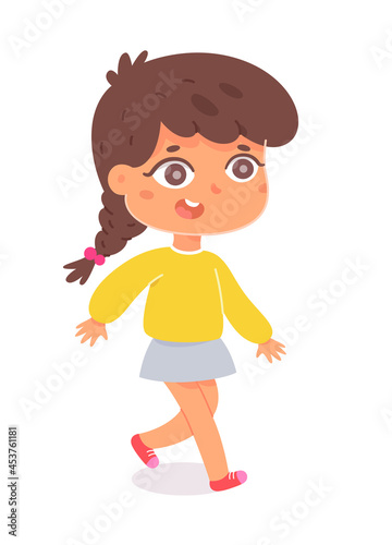 Cute girl walking on city street or town park, crossing road, kid pedestrian on way