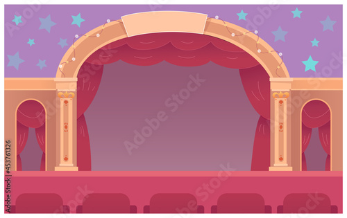 Puppet theater stage with red curtains, empty vintage stage for theatrical concert show