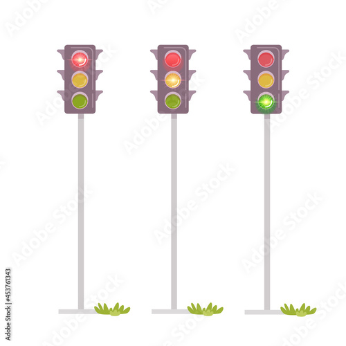 Three traffic lights near road, red light is on left, prohibits movement, yellow on middle, attention - green light will be soon, next signal at right - you can go.