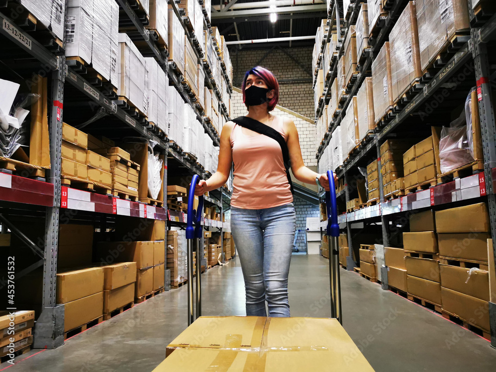 Young woman wearing protective face mask pushing shopping cart, choosing new furniture in big store warehouse. Young woman wearing protective face mask pushing shopping cart, choosing new furniture in big store warehouse.